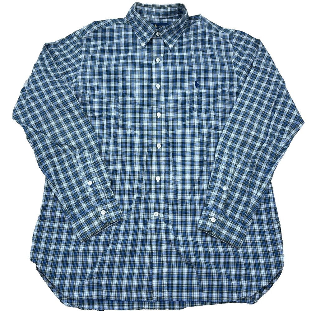 Ralph Lauren Shirt Men 16.5 42 Blue White Plaid Button‎ Up Dress Little Pony A19